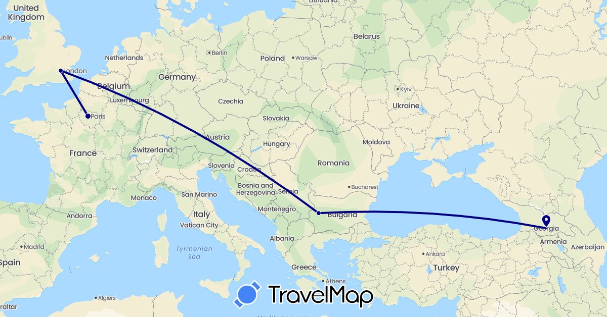 TravelMap itinerary: driving in Bulgaria, France, United Kingdom, Georgia (Asia, Europe)